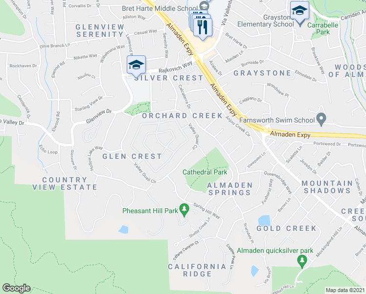 map of restaurants, bars, coffee shops, grocery stores, and more near 1150 Quail Creek Circle in San Jose