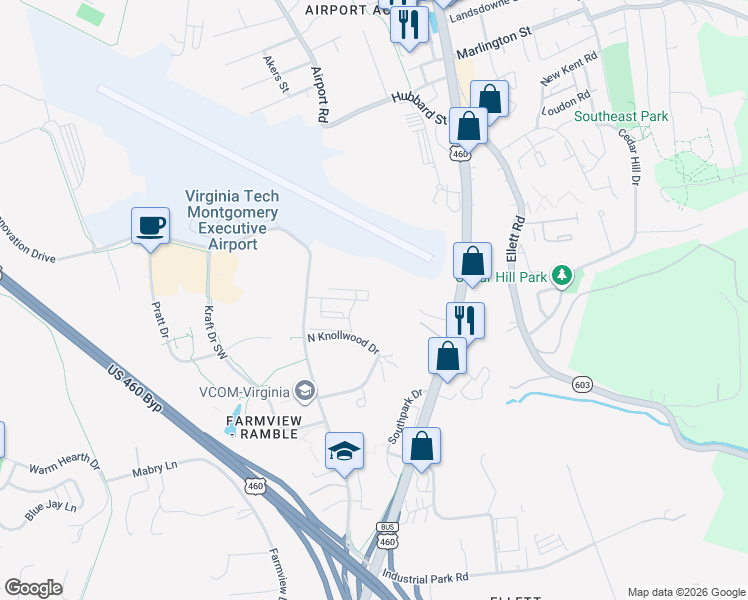 map of restaurants, bars, coffee shops, grocery stores, and more near 260 Sheliah Court in Blacksburg