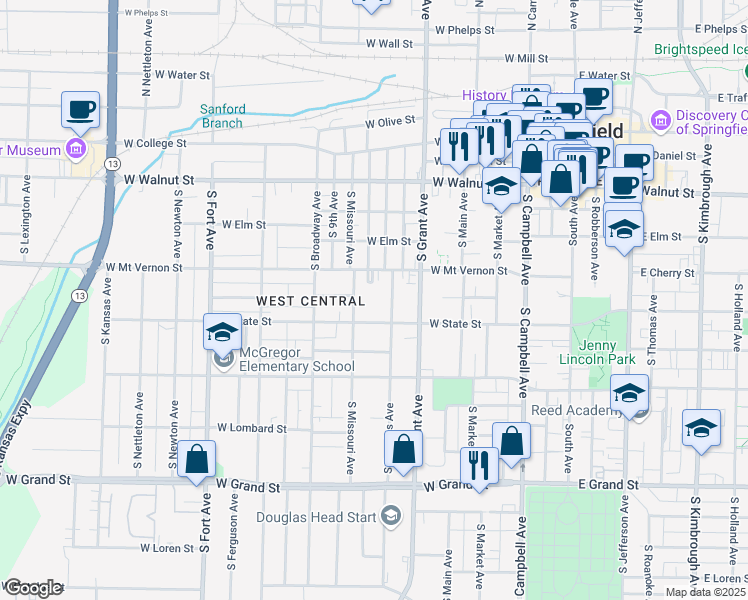 map of restaurants, bars, coffee shops, grocery stores, and more near 646 South Missouri Avenue in Springfield