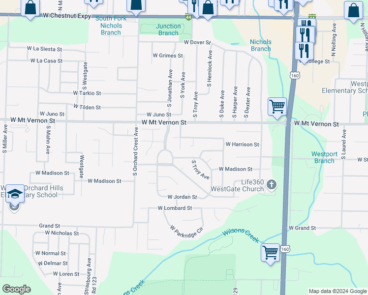 map of restaurants, bars, coffee shops, grocery stores, and more near 656 South York Court in Springfield