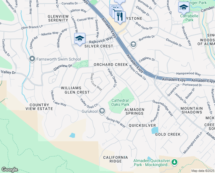 map of restaurants, bars, coffee shops, grocery stores, and more near 1150 Quail Creek Circle in San Jose