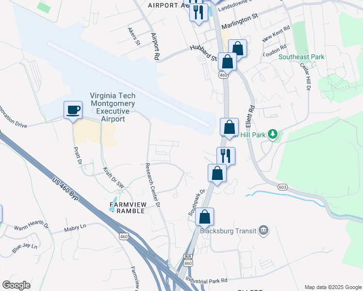 map of restaurants, bars, coffee shops, grocery stores, and more near 260 Sheliah Court in Blacksburg