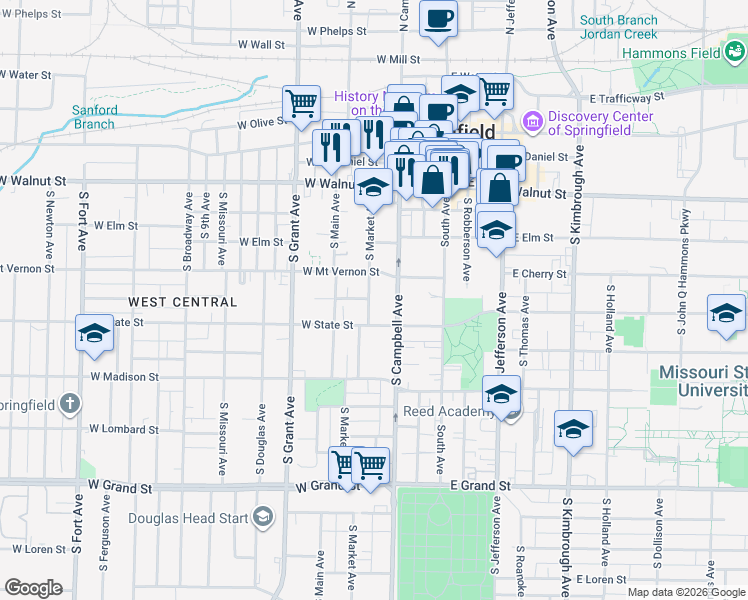 map of restaurants, bars, coffee shops, grocery stores, and more near 636 South Market Avenue in Springfield