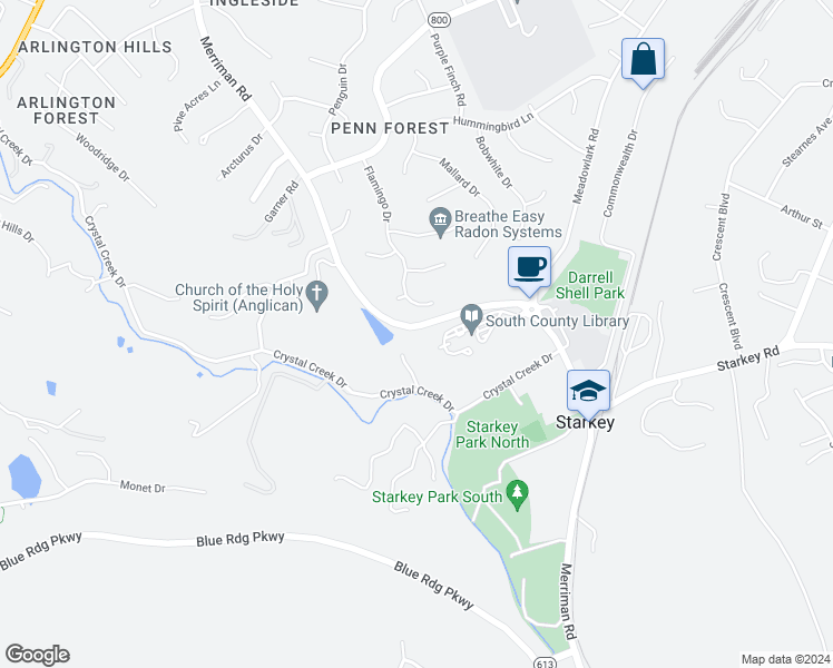 map of restaurants, bars, coffee shops, grocery stores, and more near 6135 Merriman Road in Cave Spring