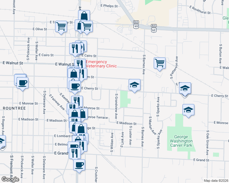 map of restaurants, bars, coffee shops, grocery stores, and more near 614 S Grandview Ave in Springfield