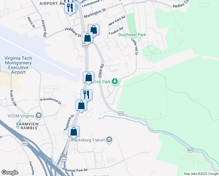 map of restaurants, bars, coffee shops, grocery stores, and more near 202 Minor Circle in Blacksburg