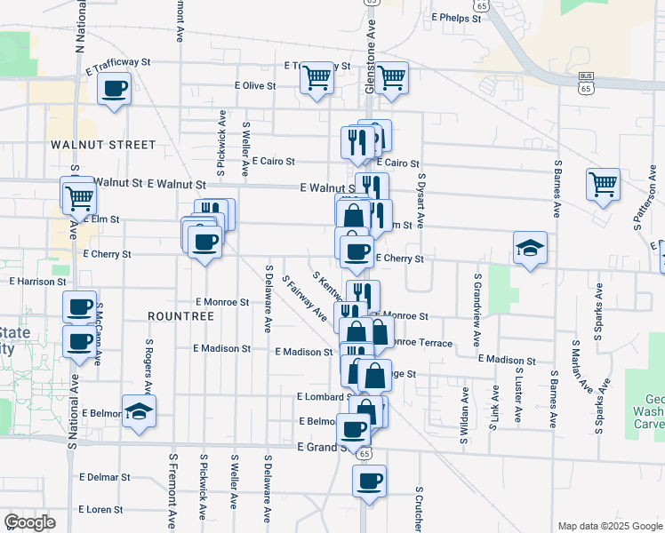 map of restaurants, bars, coffee shops, grocery stores, and more near 1722 East Cherry Street in Springfield