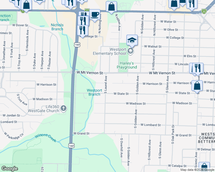 map of restaurants, bars, coffee shops, grocery stores, and more near 658 South Laurel Avenue in Springfield