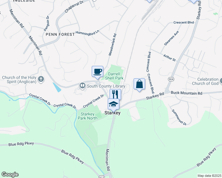 map of restaurants, bars, coffee shops, grocery stores, and more near 6328 Merriman Road in Roanoke