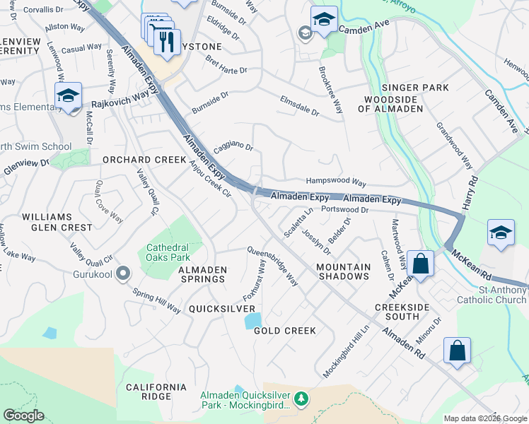 map of restaurants, bars, coffee shops, grocery stores, and more near 1082 Almaden Village Lane in San Jose