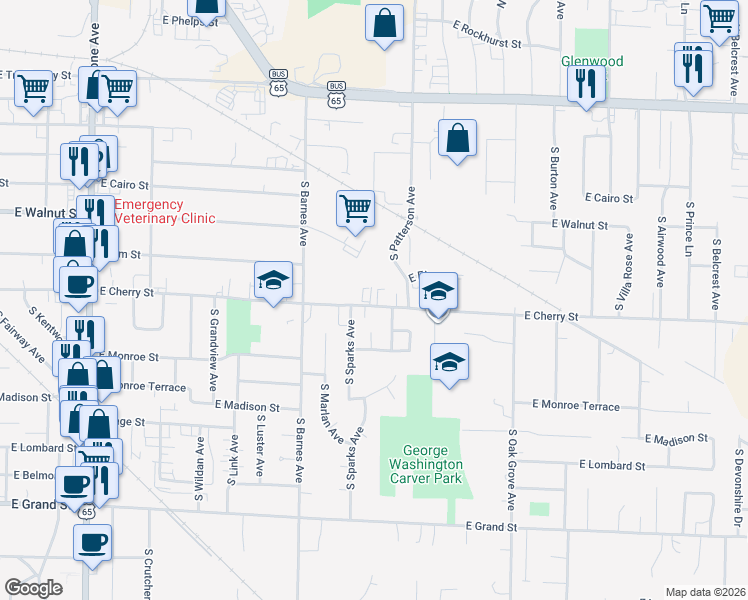 map of restaurants, bars, coffee shops, grocery stores, and more near 2345 East Cherry Street in Springfield