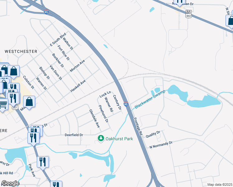 map of restaurants, bars, coffee shops, grocery stores, and more near 2527 Century Drive in Petersburg