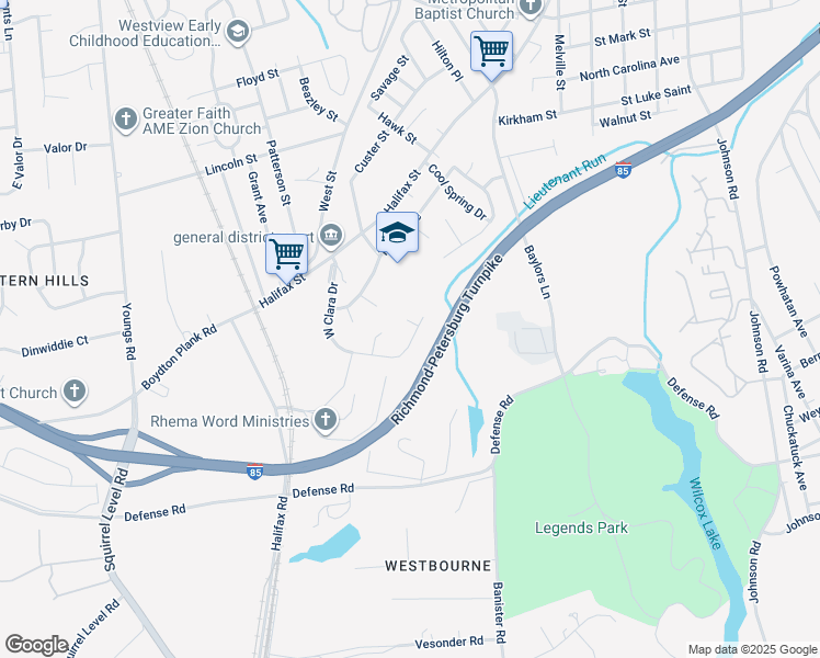 map of restaurants, bars, coffee shops, grocery stores, and more near 1747 West Clara Drive in Petersburg