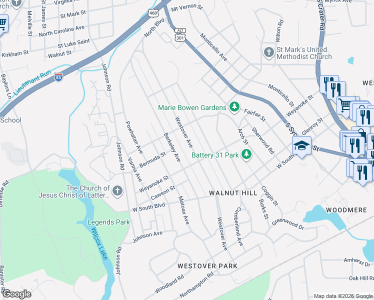 map of restaurants, bars, coffee shops, grocery stores, and more near 1762 Westover Avenue in Petersburg
