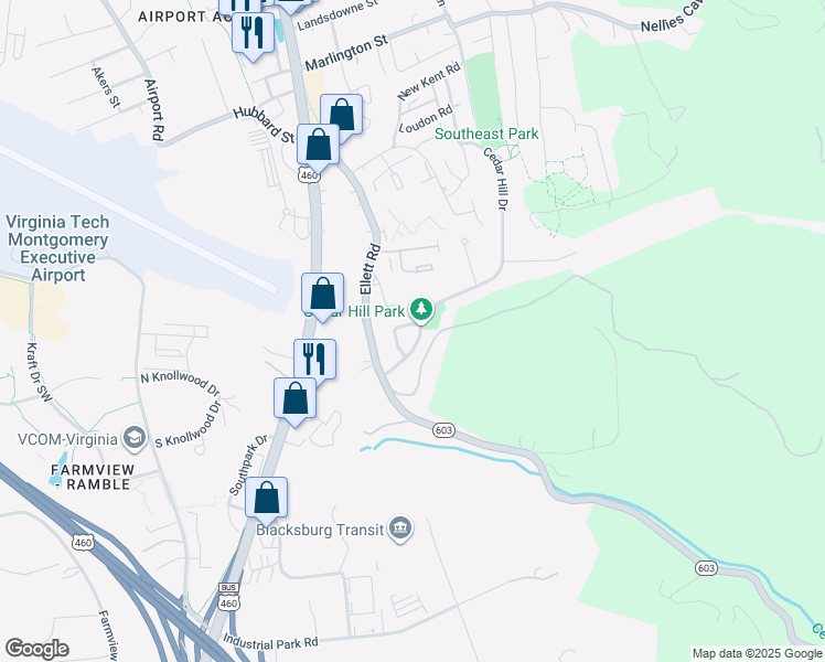 map of restaurants, bars, coffee shops, grocery stores, and more near 202 Minor Cir in Blacksburg