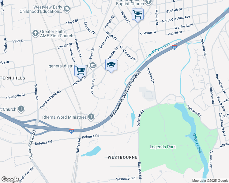map of restaurants, bars, coffee shops, grocery stores, and more near 1747 West Clara Drive in Petersburg