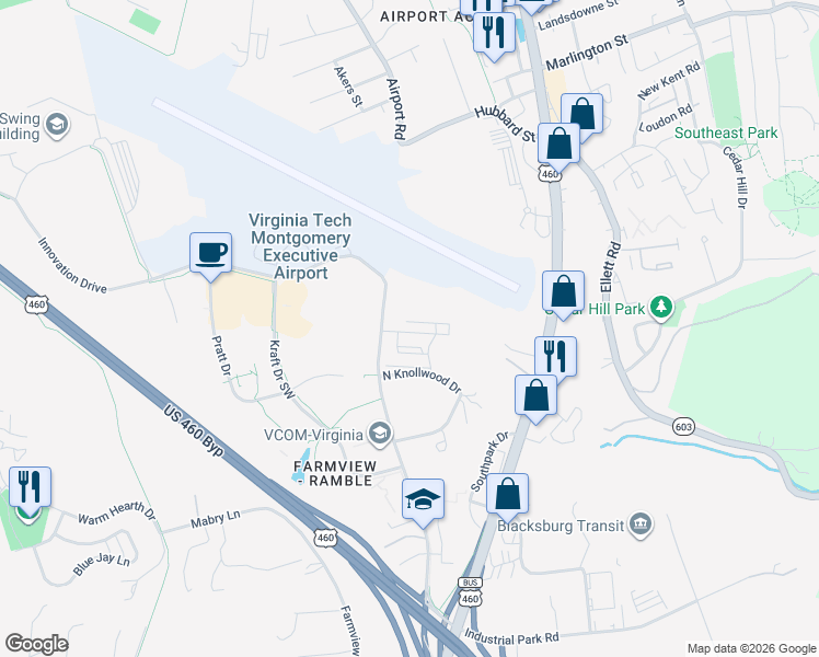 map of restaurants, bars, coffee shops, grocery stores, and more near 2401 Pamela Way in Blacksburg