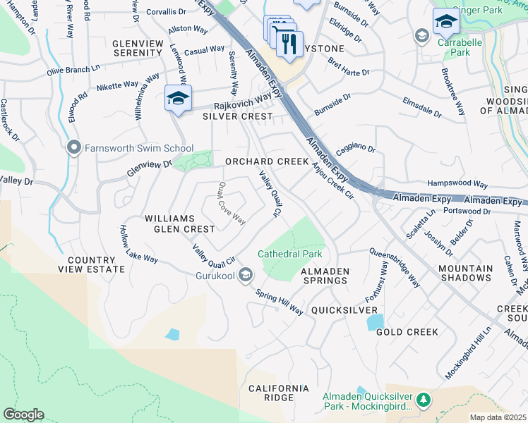 map of restaurants, bars, coffee shops, grocery stores, and more near 1158 Quail Creek Circle in San Jose