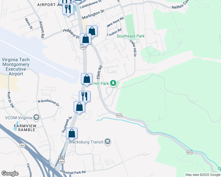 map of restaurants, bars, coffee shops, grocery stores, and more near 202 Minor Cir in Blacksburg