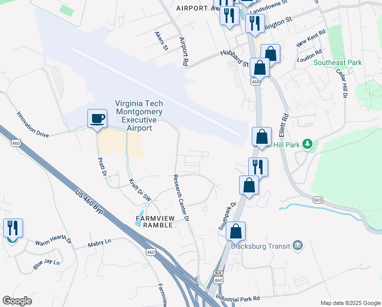 map of restaurants, bars, coffee shops, grocery stores, and more near 335 Sheliah Court in Blacksburg