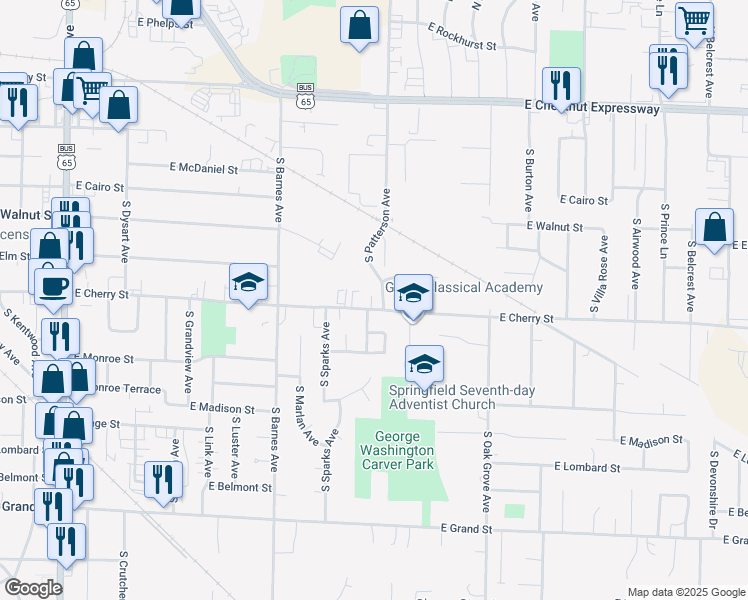 map of restaurants, bars, coffee shops, grocery stores, and more near 2345 East Cherry Street in Springfield