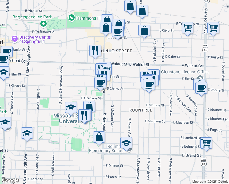 map of restaurants, bars, coffee shops, grocery stores, and more near 1226 East Cherry Street in Springfield