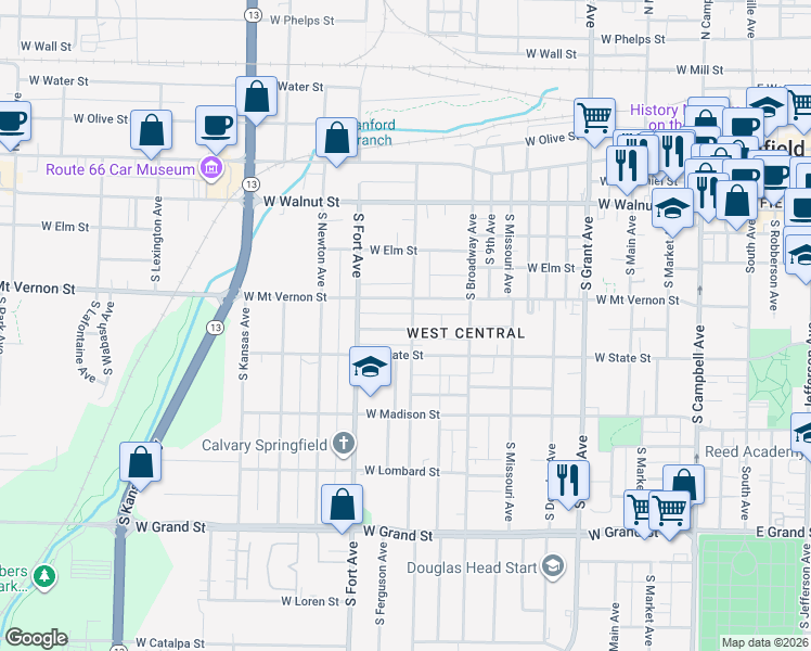 map of restaurants, bars, coffee shops, grocery stores, and more near 643 South New Avenue in Springfield