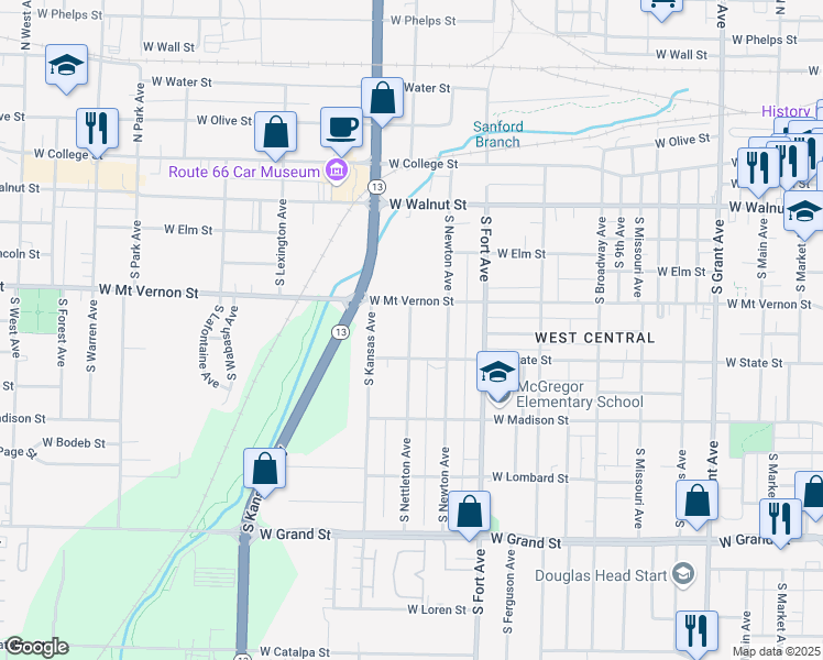 map of restaurants, bars, coffee shops, grocery stores, and more near 628 South Nettleton Avenue in Springfield