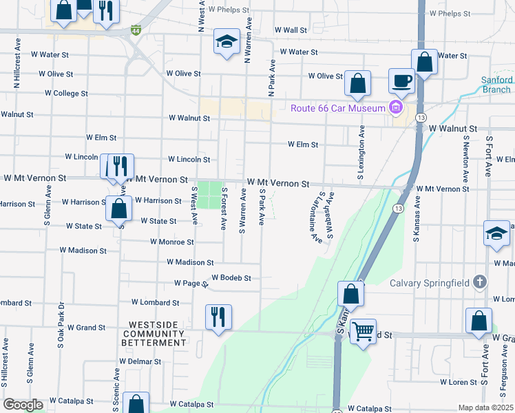 map of restaurants, bars, coffee shops, grocery stores, and more near 641 South Park Avenue in Springfield