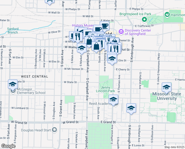 map of restaurants, bars, coffee shops, grocery stores, and more near in Springfield
