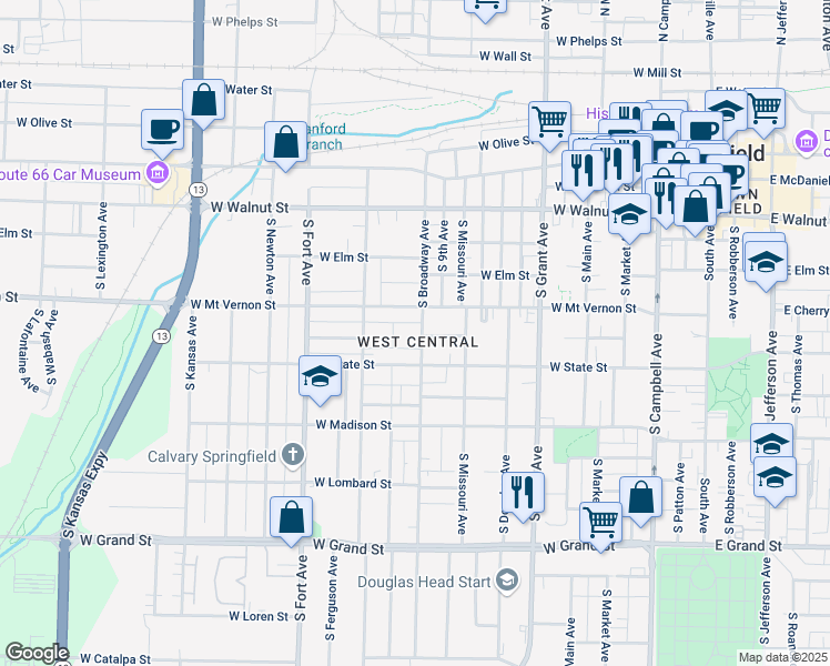map of restaurants, bars, coffee shops, grocery stores, and more near 625 South Broadway Avenue in Springfield
