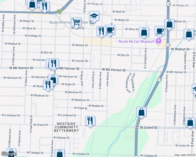 map of restaurants, bars, coffee shops, grocery stores, and more near 660 South Forest Avenue in Springfield