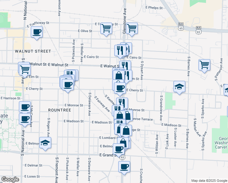 map of restaurants, bars, coffee shops, grocery stores, and more near 1750 East Cherry Street in Springfield