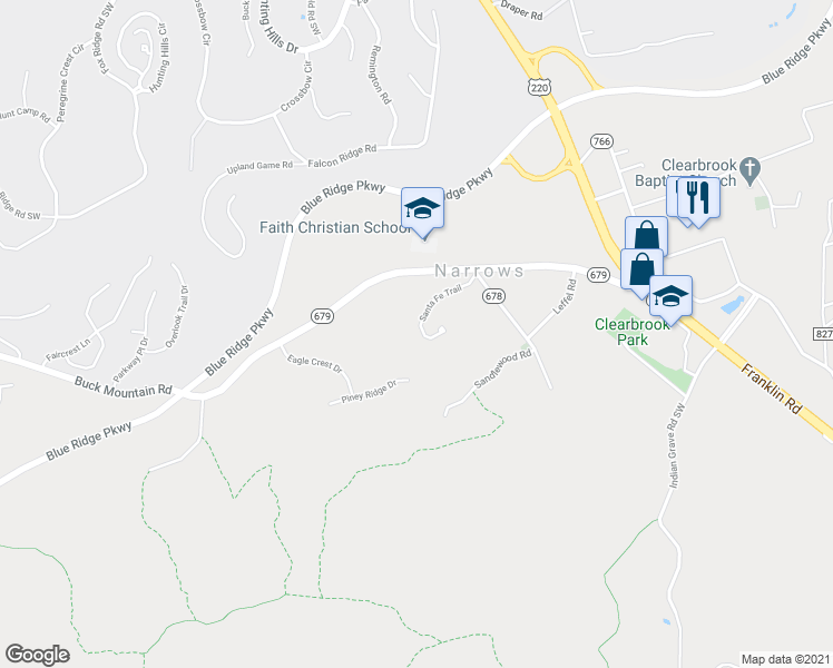map of restaurants, bars, coffee shops, grocery stores, and more near 3690 Santa Fe Trail in Roanoke