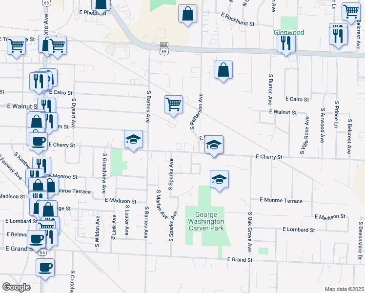map of restaurants, bars, coffee shops, grocery stores, and more near 2323 East Cherry Street in Springfield