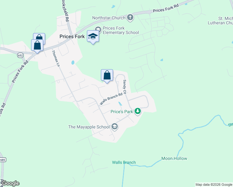 map of restaurants, bars, coffee shops, grocery stores, and more near 2871 Walls Branch Road in Blacksburg