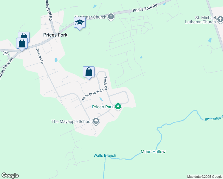 map of restaurants, bars, coffee shops, grocery stores, and more near 1360 Sandy Circle in Blacksburg