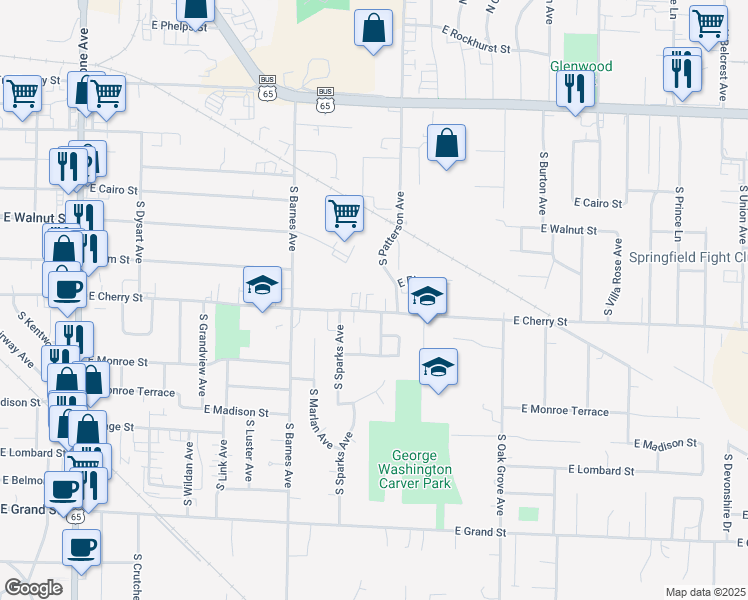 map of restaurants, bars, coffee shops, grocery stores, and more near 2345 East Cherry Street in Springfield