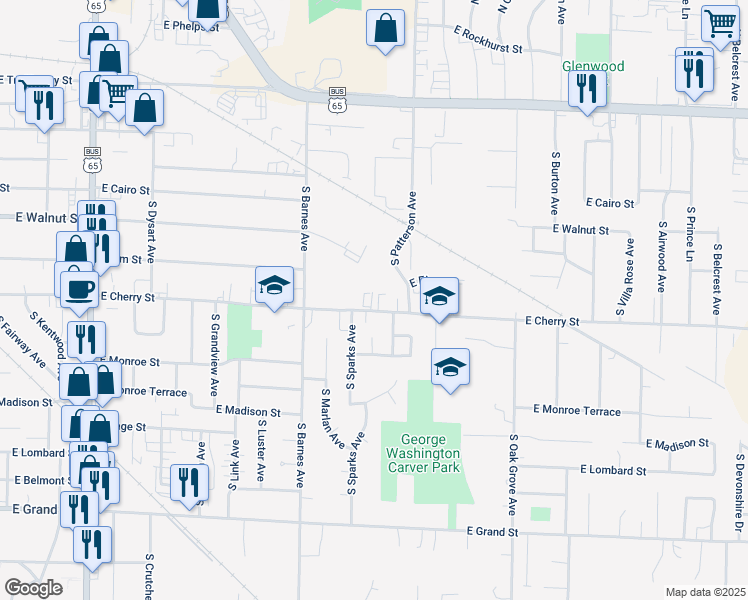 map of restaurants, bars, coffee shops, grocery stores, and more near 3700 East Cherry Street in Springfield