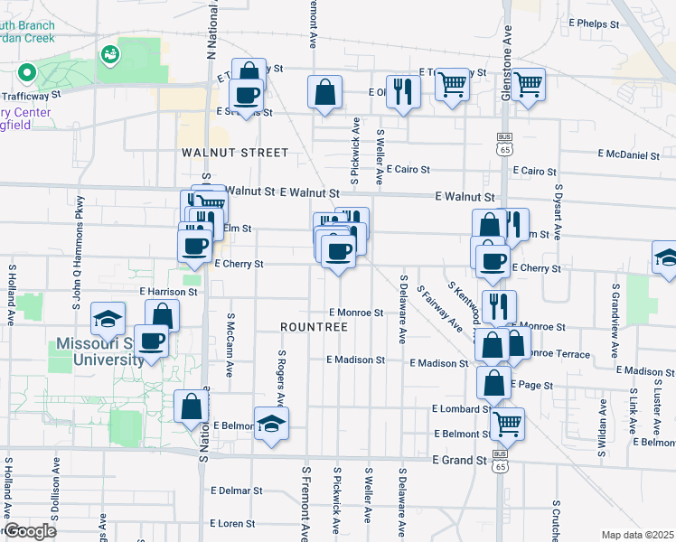 map of restaurants, bars, coffee shops, grocery stores, and more near 623 South Pickwick Avenue in Springfield