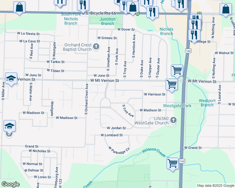 map of restaurants, bars, coffee shops, grocery stores, and more near 656 South York Court in Springfield
