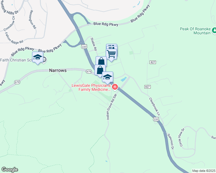 map of restaurants, bars, coffee shops, grocery stores, and more near 5205 Franklin Road Southwest in Roanoke