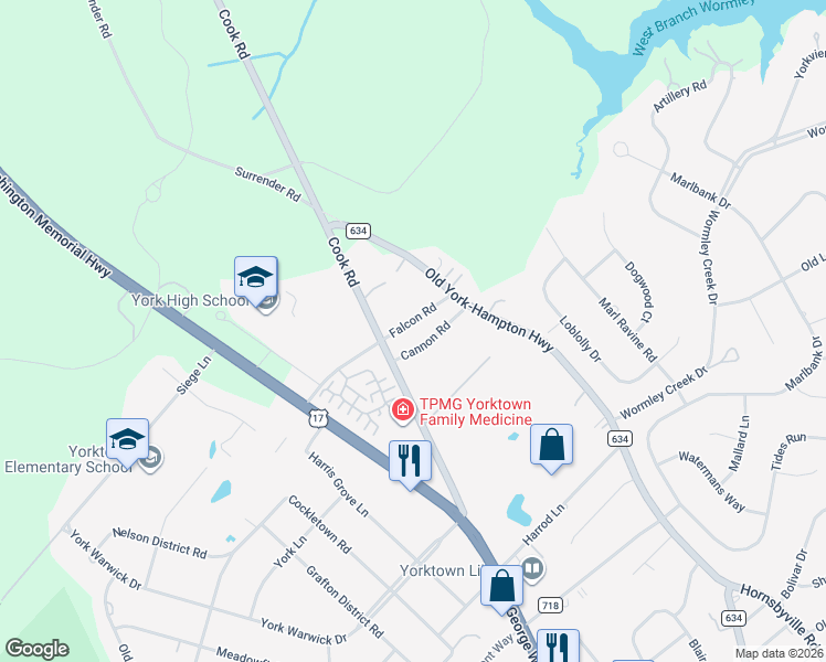 map of restaurants, bars, coffee shops, grocery stores, and more near 104 Cannon Road in Yorktown