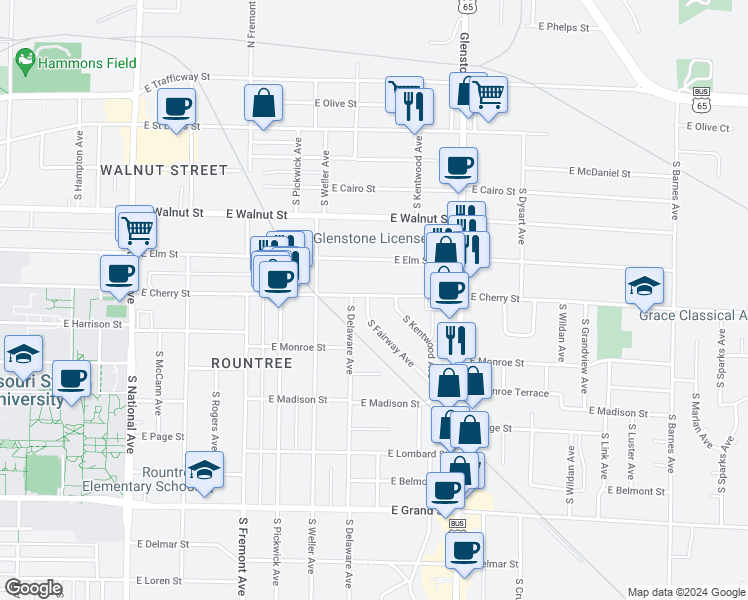 map of restaurants, bars, coffee shops, grocery stores, and more near 600 South Fairway Avenue in Springfield