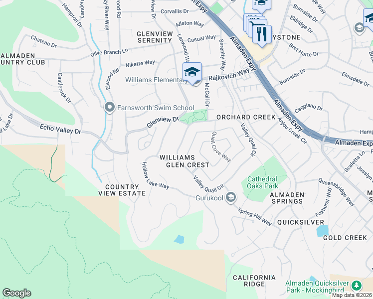 map of restaurants, bars, coffee shops, grocery stores, and more near 1213 Valley Quail Circle in San Jose