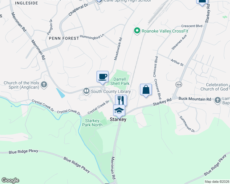 map of restaurants, bars, coffee shops, grocery stores, and more near 6330-6398 Merriman Rd in Cave Spring