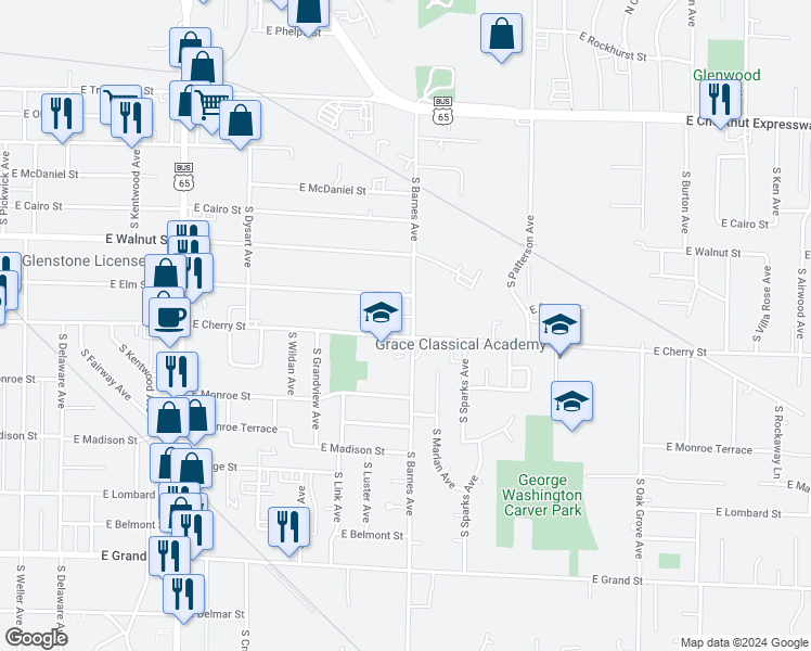 map of restaurants, bars, coffee shops, grocery stores, and more near 2126 East Cherry Street in Springfield