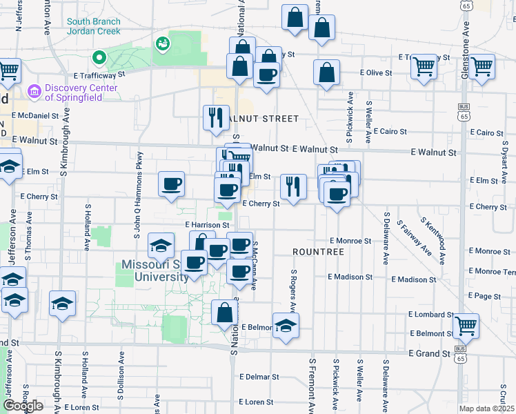 map of restaurants, bars, coffee shops, grocery stores, and more near 1226 East Cherry Street in Springfield