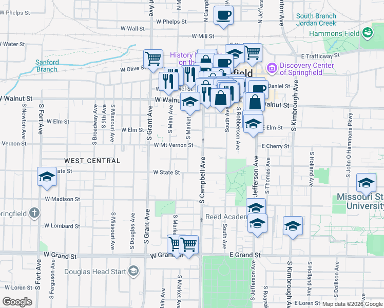 map of restaurants, bars, coffee shops, grocery stores, and more near 636 South Market Avenue in Springfield