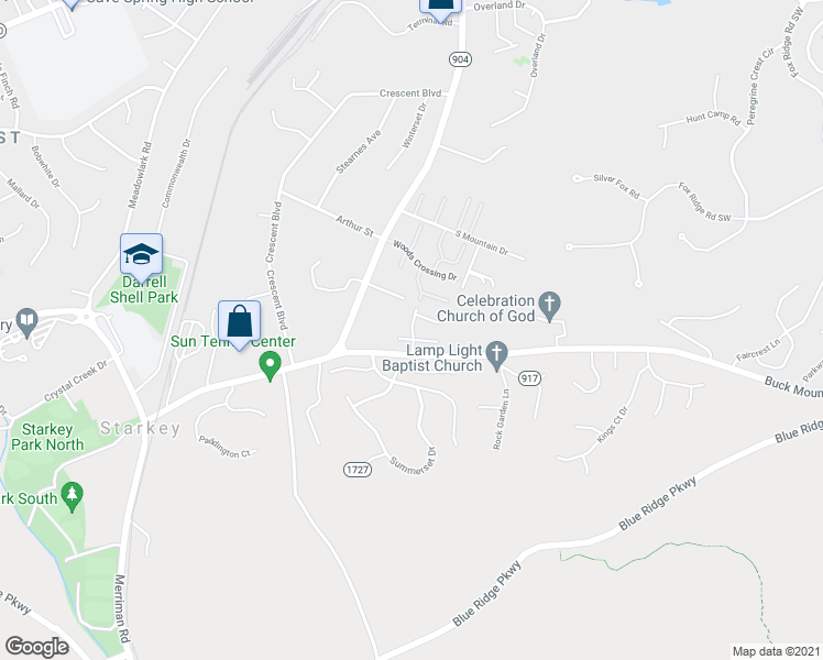 map of restaurants, bars, coffee shops, grocery stores, and more near 4689 Buck Run Drive in Roanoke